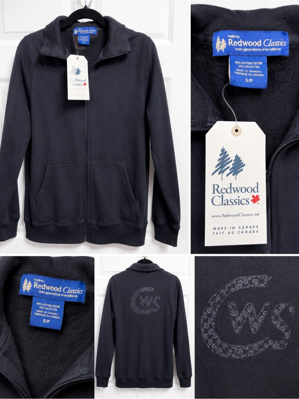 Redwood Classics Made in Canada Full Zip Sweatshirt Jacket Black Size Small NWT